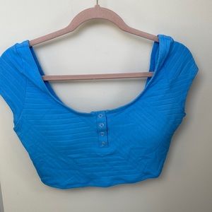 Aerie size L cap sleeve crop top/ bikini top blue geometric ribbed fabric